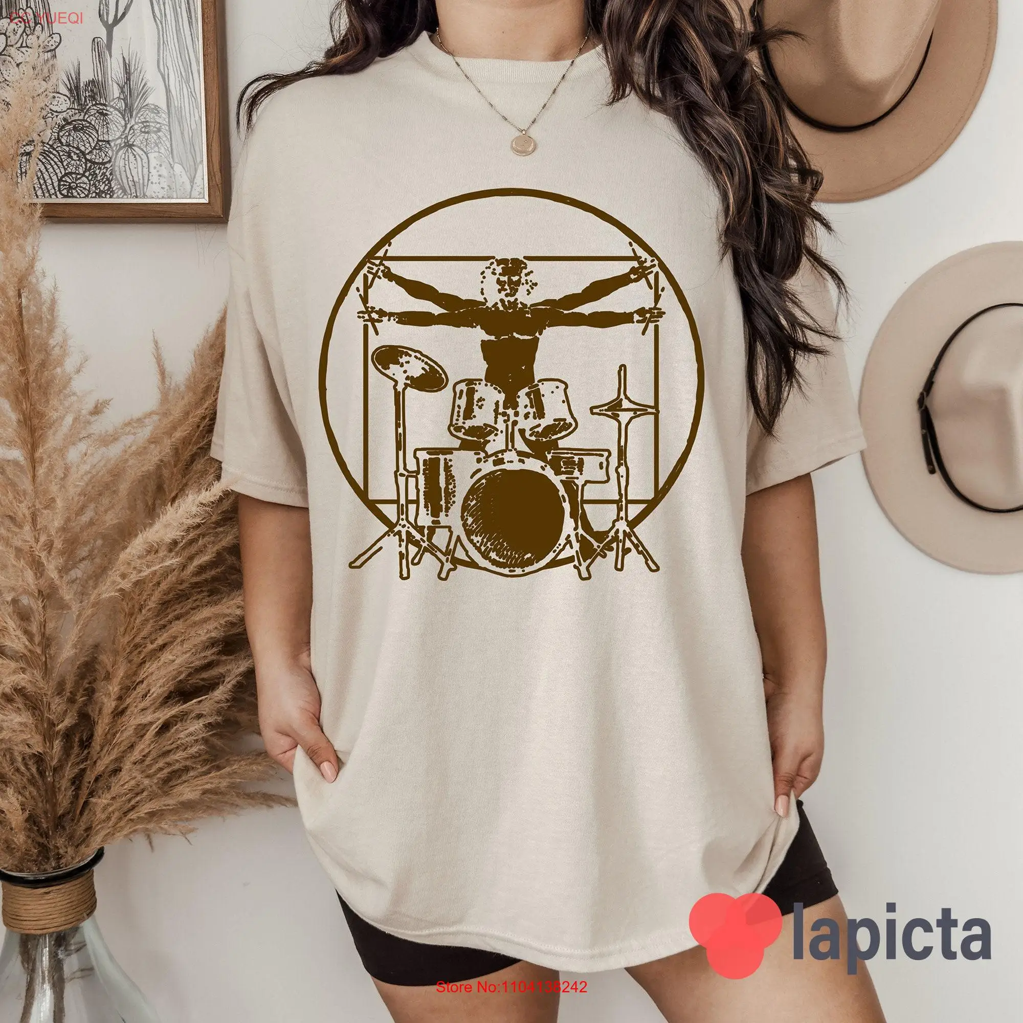 Vintage Set Cool Drummer Vitruvian Man Drumming T Shirt Drums For Music Lover long or short sleeves