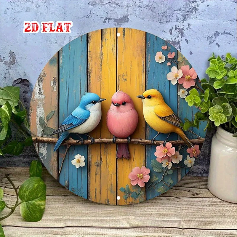 2D Flat, 1pc Vintage Round Wooden Wall Decor Sign - Soft-Toned Perching Birds & Country Decoration, Frameless Suitable for Home,