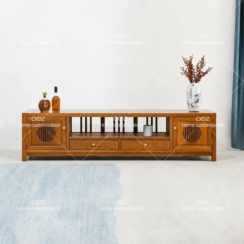 New Chinese Style Solid Wood TV Cabinet Floor to Ceiling Living Room Storage Cabinet Antique Media Console Locker