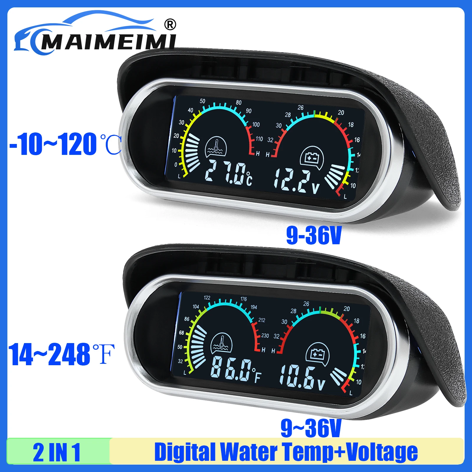MAIMEIMI Digital 2 IN 1 Water Temperature Gauge+Voltage with Sensor 10mm Flashing Alarm MultiMeter for Car Auto Truck 12V24VDC