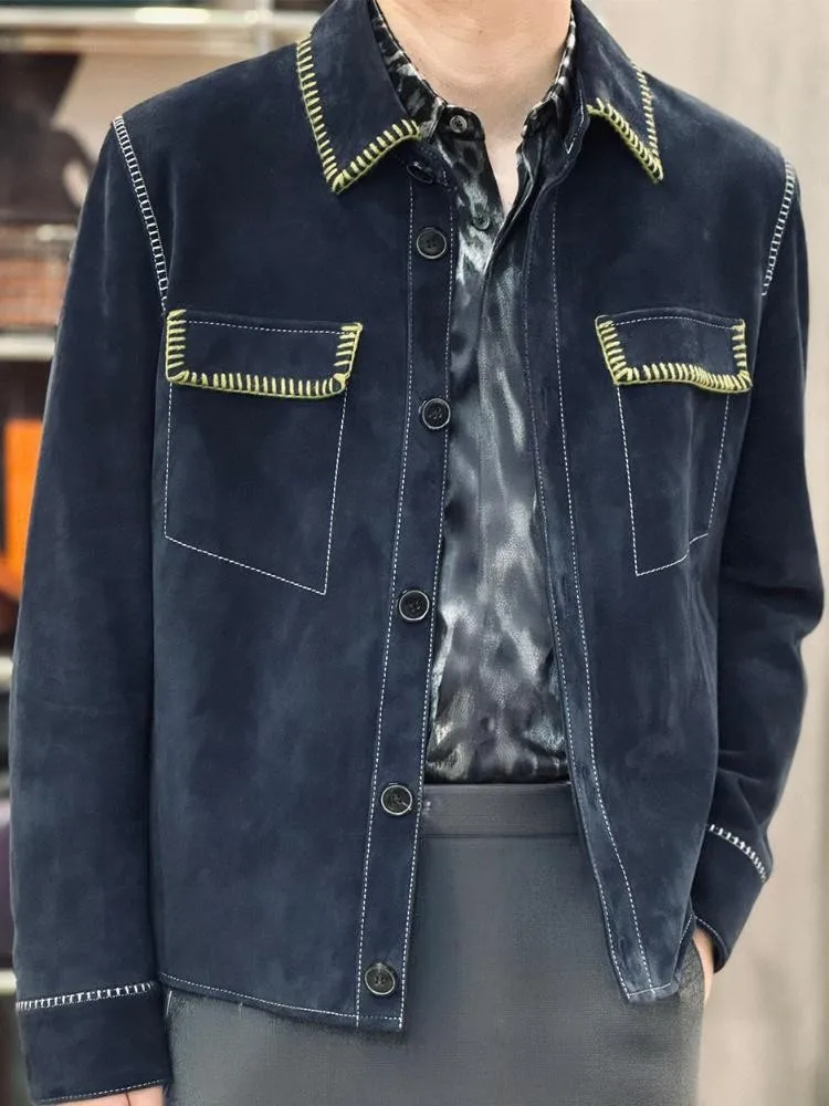 Fashion Lapel Pocket Solid Color Handmade Slim Genuine Leather Jacket Italian Embroidery Single Breasted Sheepskin Men Outerwear