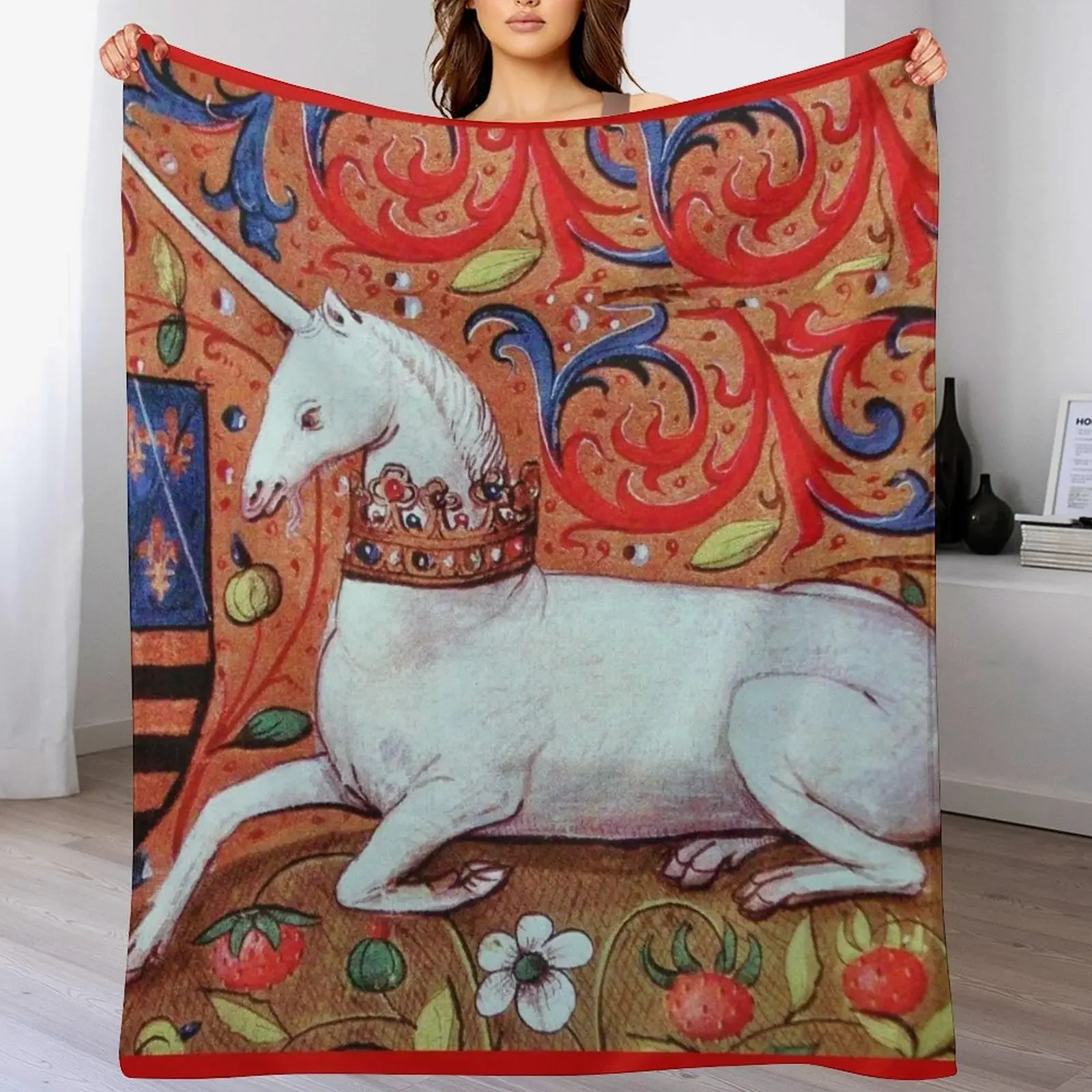 UNICORN WITH RED BLUE WHITE FLORAL MOTIFS Medieval Miniature Throw Blanket Decorative Soft Throw Blanket for Couch Sofa