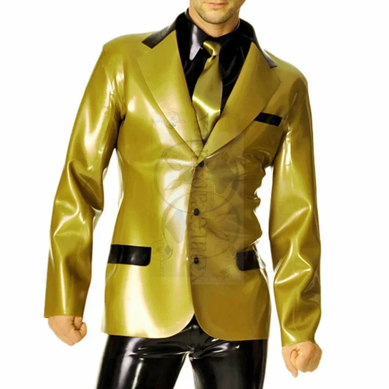 Golden And Black Sexy Latex Suit Jacket With Front Sleeves Buttons Pocket Flap Turn Down Collar Rubber Coat Top For Men