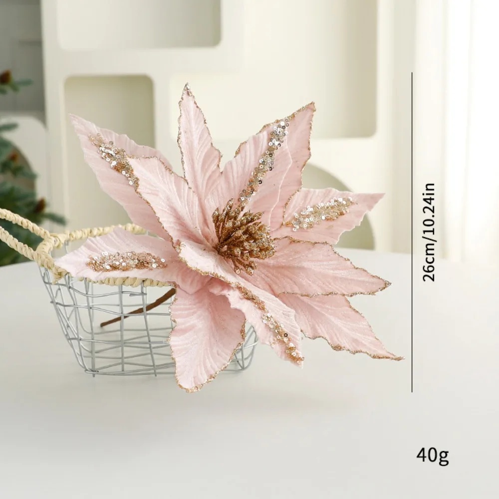 

New Fabric Plastic Christmas Artificial Flowers DIY Decoration 26cm Fake Flower Ornaments Glitter Poinsettia Christmas Decor