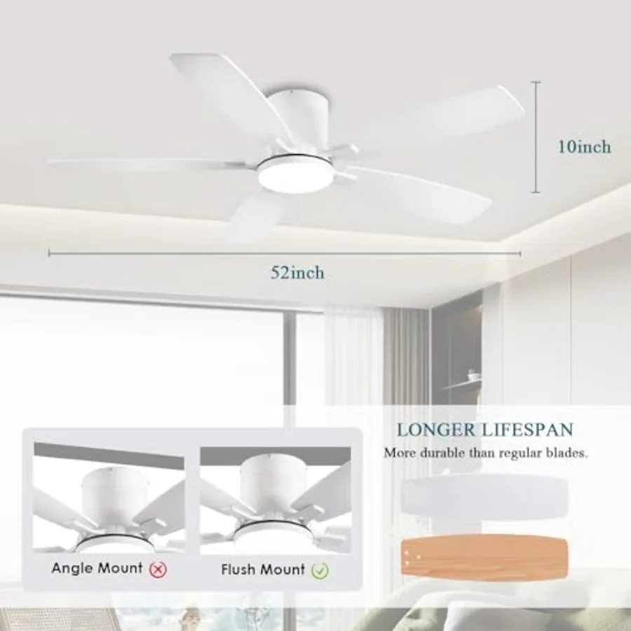 Bedroom ceiling fan with light, white ABS plastic, 52 inch low profile flush mount, dimmable LED light and silent reversible mo