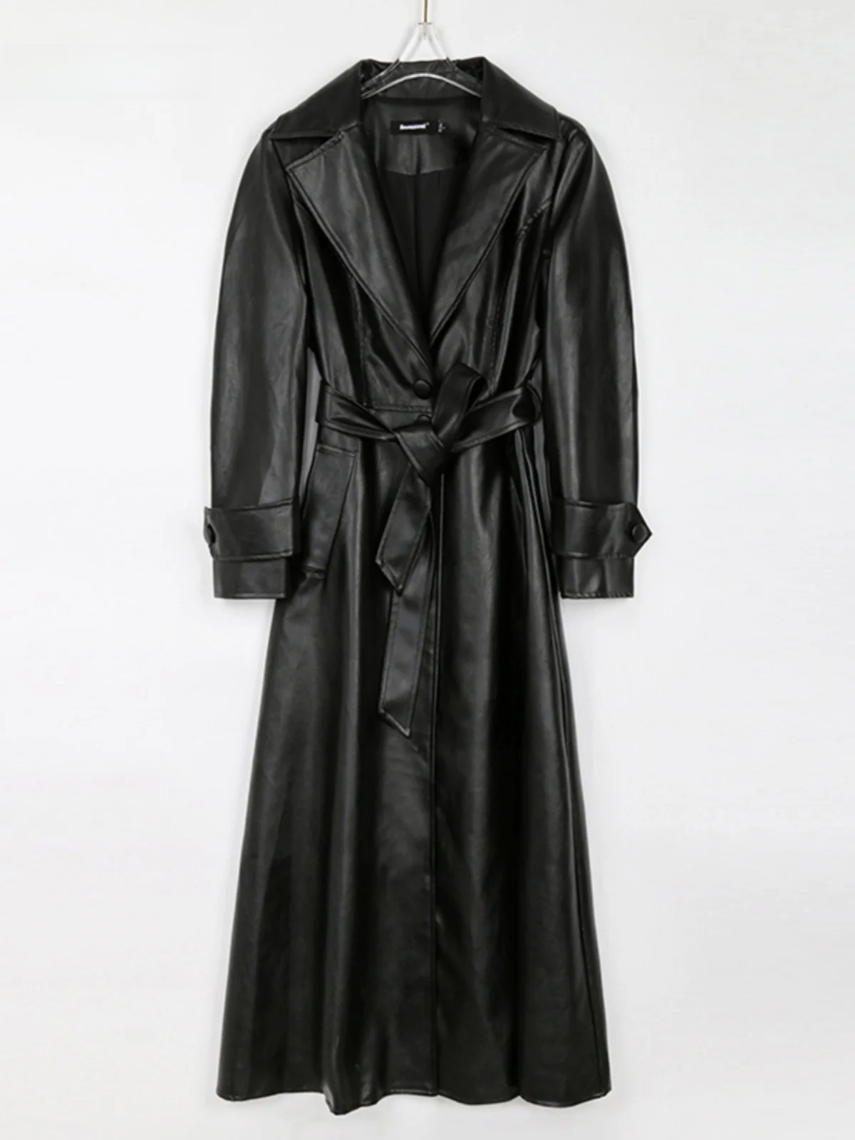 Nerazzurri Women's Long Black PU Leather Jacket with Belted Suit Collar Autumn Winter Fashion Commute Style Straight Cut