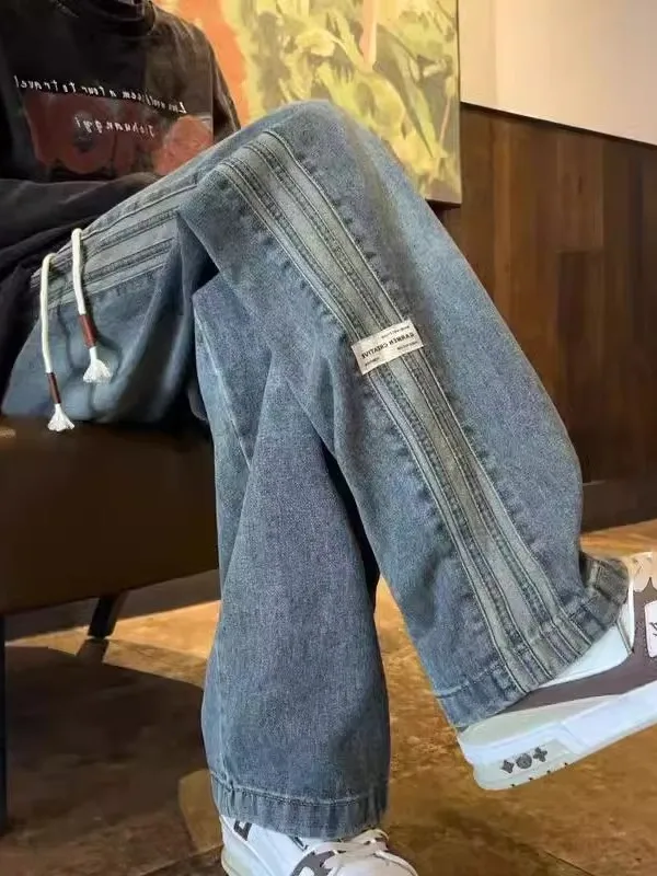 

Trendy Retro Striped Men's Jeans Autumn New Straight Loose Wide Leg American Casual Long Pants Youth ular High Waist Jeans