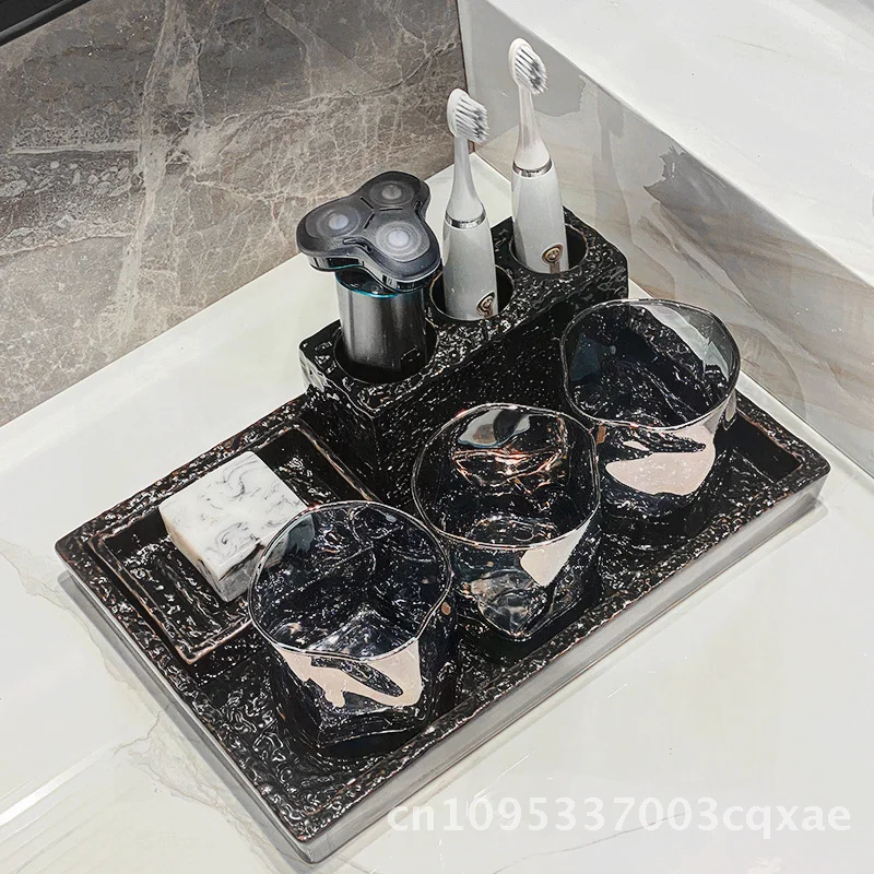 

Toiletries Storage Tray Bathroom Supplies Hotel Wash Basin Toothbrush Rack Display Ceramic Hammered Black White Rectangular Oval