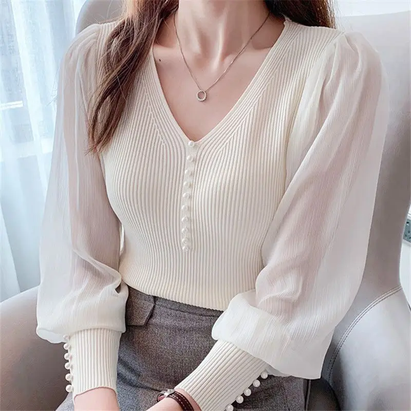 

Spring Autumn Chiffon Patchwork Knitting Top Pullovers V Neck Long Sleeve Solid Sweet Bottom Shirt Fashion Elegant Women Clothes