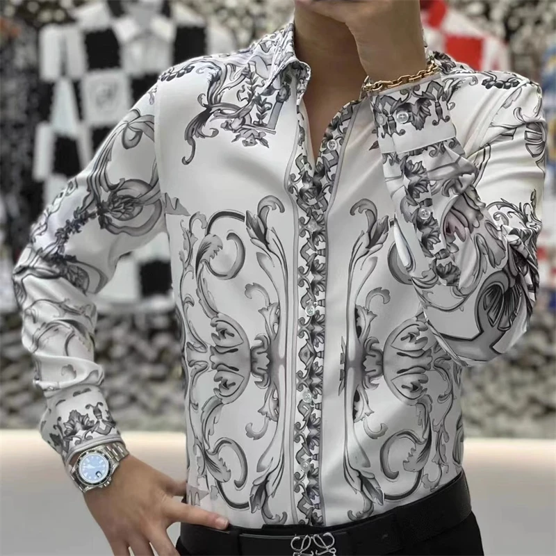 Retro Palace Style Shirts for Men Long Sleeve Slim Casual Shirt Business Social Formal Dress Shirts Party Tuxedo Streetwear 2023