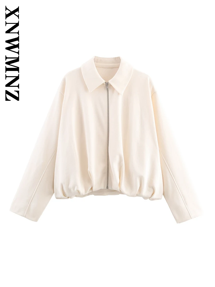 

XNWMNZ 2025 осенняя новая женская повседневная модная куртка-бомбер с длинным рукавом и отложным воротником, винтажное женское пальто на молнии