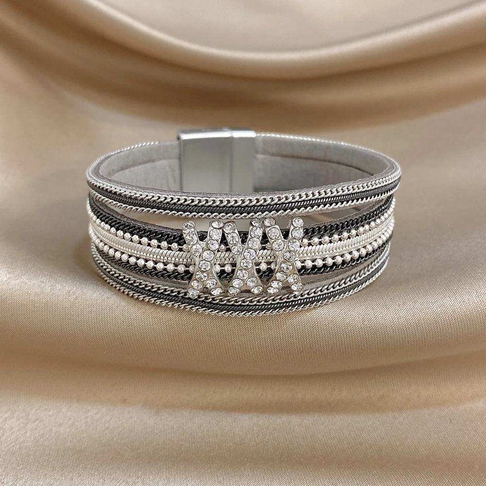 ALLYES Bohemianisches Strass-Streifen-Lederarmband für Damen, Vintage, mehrlagig, breites Wickelarmband, Charm-Schmuck – Detail 8