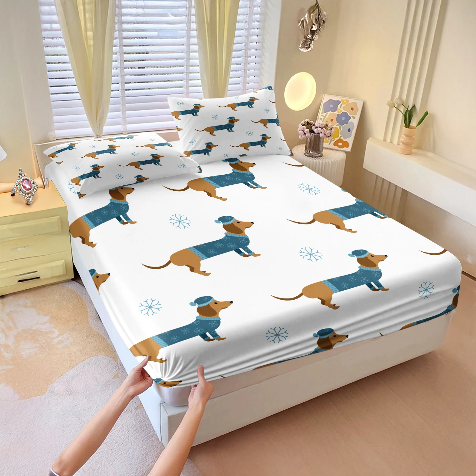 Adorable Winter Dachshund Fitted Sheet with Blue Sweater Dogs & Snowflakes. Soft White Bedding for Pet Lovers