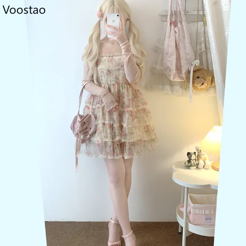 Sweet Elegant Lace Ruffles Lolita Mini Dress Women Kawaii Floral Print Princess Strap Dresses Korean Girls Beach Fairy Dress