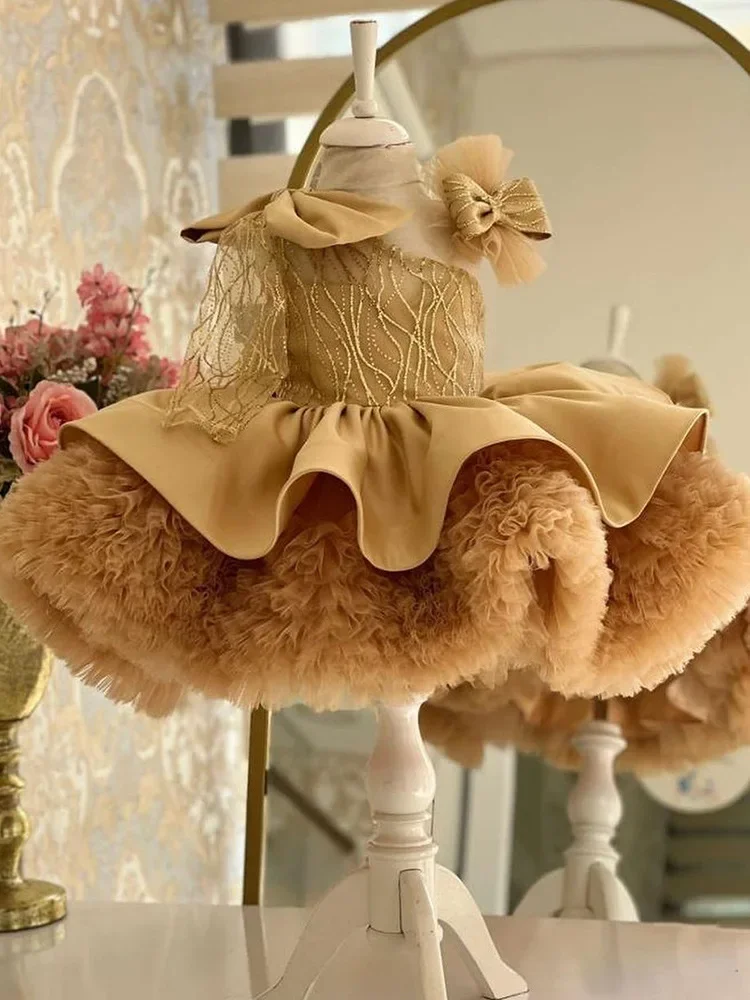 

Customize Champagne Flower Girl Dresses Wedding Puff Ruffles Shiny Princess Baby Kids Birthday Ball Gown First Communion Gowns