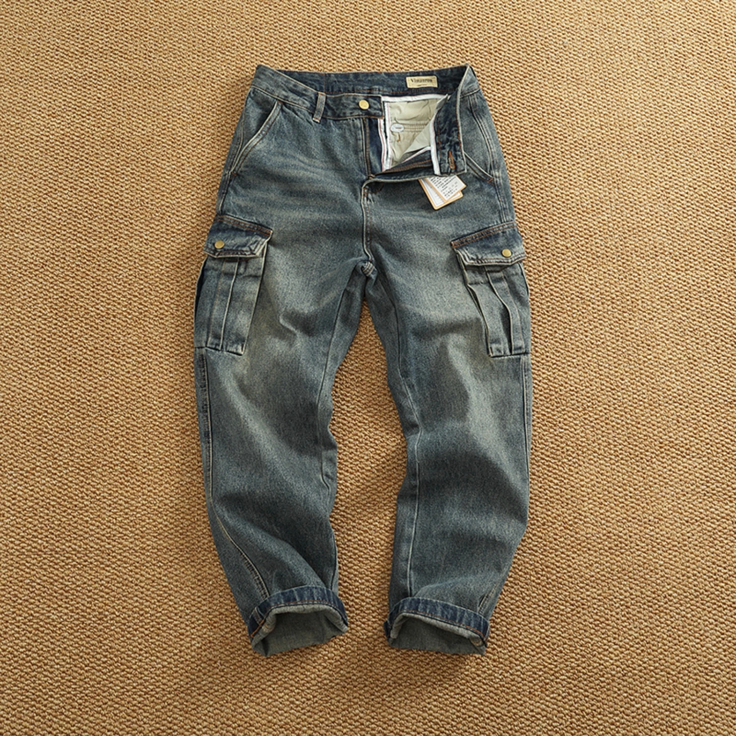 

Khaki vintage blue multi-pocket long pants men washed to make old small straight tube micro-cone cargo jeans