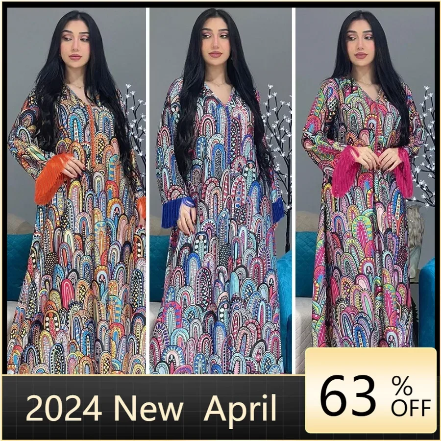 

Ramadan Abayah For Women Arabic Chic Tassel Diamonds Muslim Clothing Jalabiyat Printing Full Sleeve Dubai Africano Robe