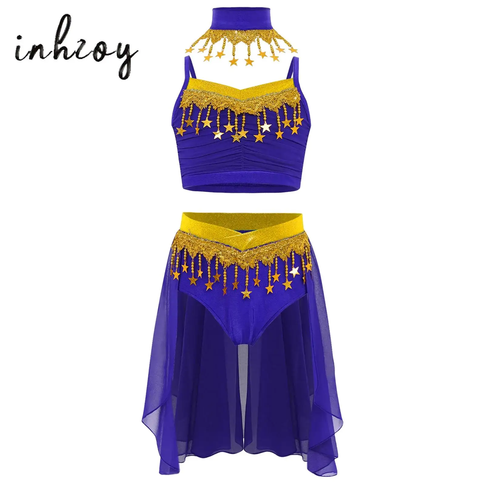 

Kids Girls Belly Dance Costume 3Pcs Shiny Star Sequins Camisole Crop Top+Chiffon Skirt+Collar Set for Carnival Halloween Cosplay