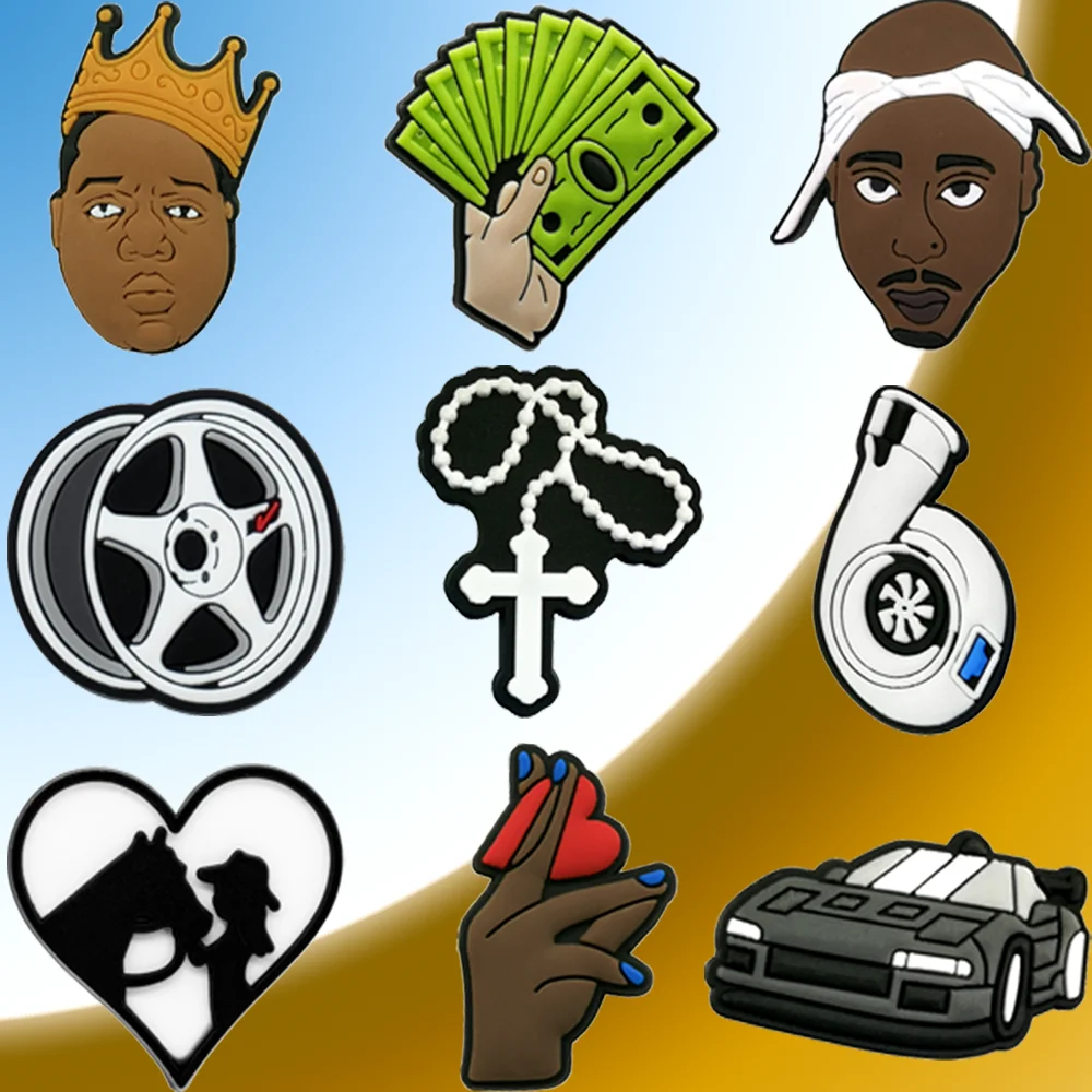 1/9 Fashion Trend Shoe Charms for Boys,Heart Cross Car Pin Accessories for Sandals,Hip Hop Singer Clog Buckle Decoration