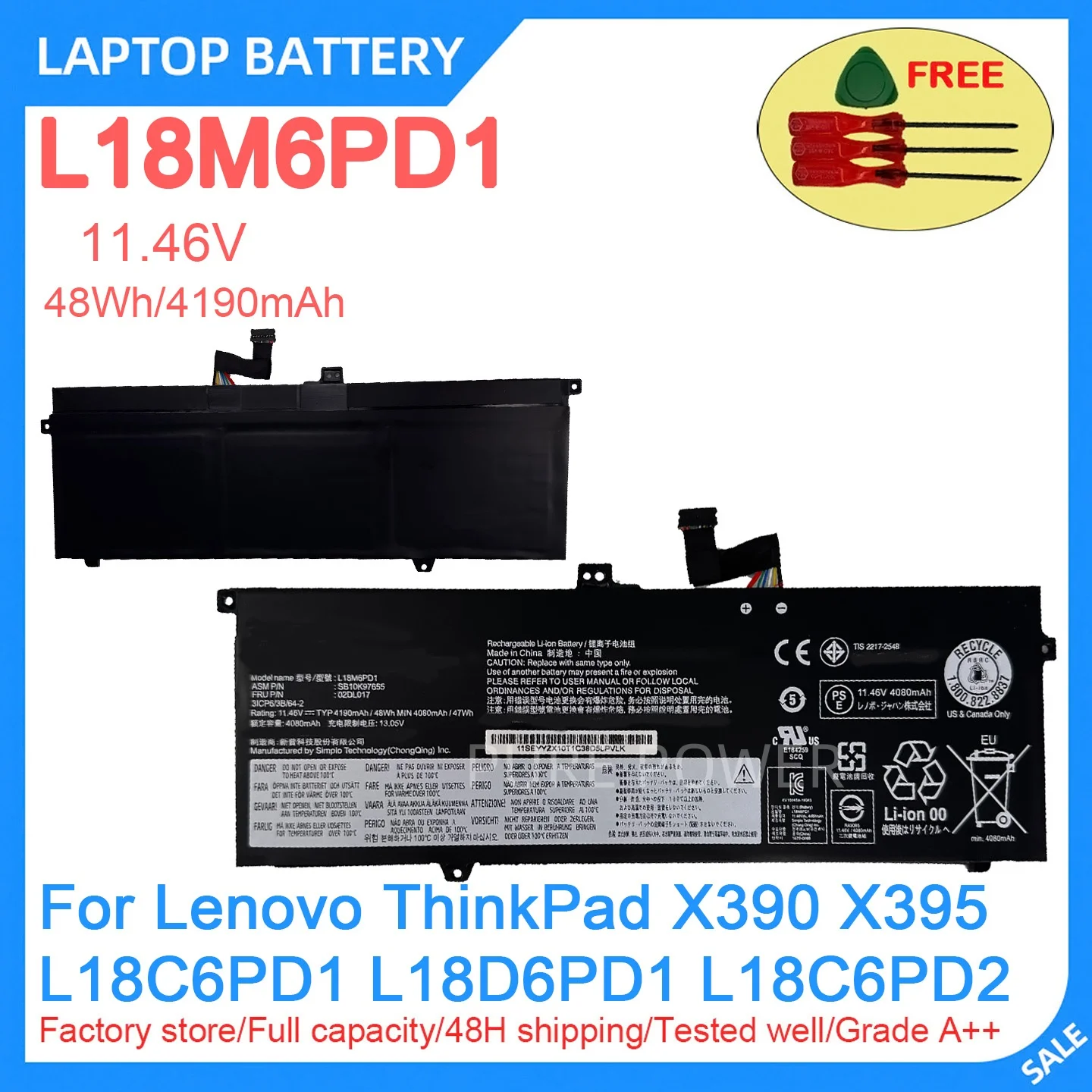New Laptop Battery L18M6PD1 11.46V 48Wh 4190mAh High Quality For Lenovo ThinkPad X390 X395 L18C6PD1 L18D6PD1 L18C6PD2