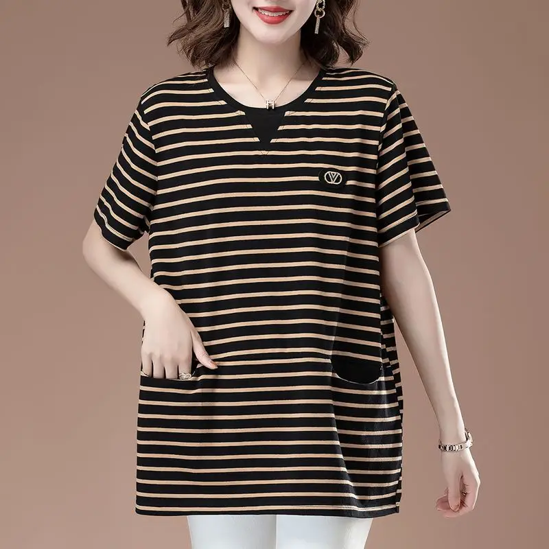 Summer New Trendy Stripe Short Sleeve T-shirt Women Patchwork Pocket Casual Versatile Commuter Korean Round Neck Loose Tops 2023