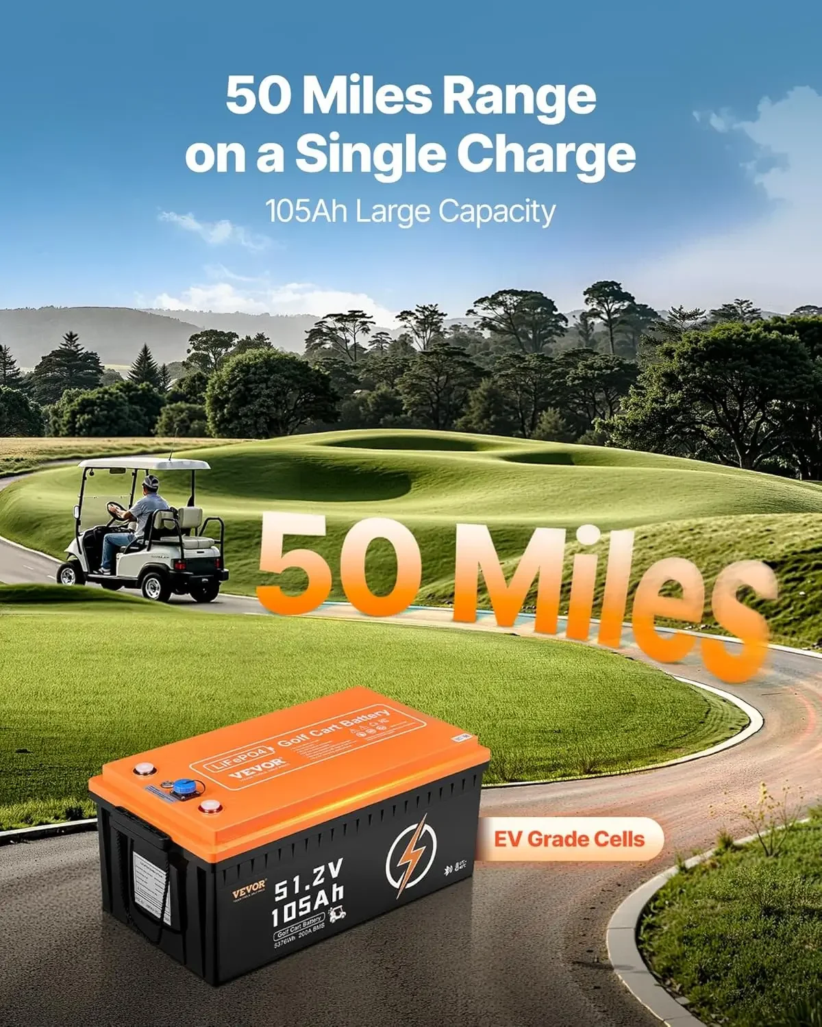 VEVOR 48V 105Ah Golf Cart Lithium Battery, 48 Volt Golf Cart Battery with 200A BMS, LCD Monitor and Mobile APP, LiFePO4 Battery