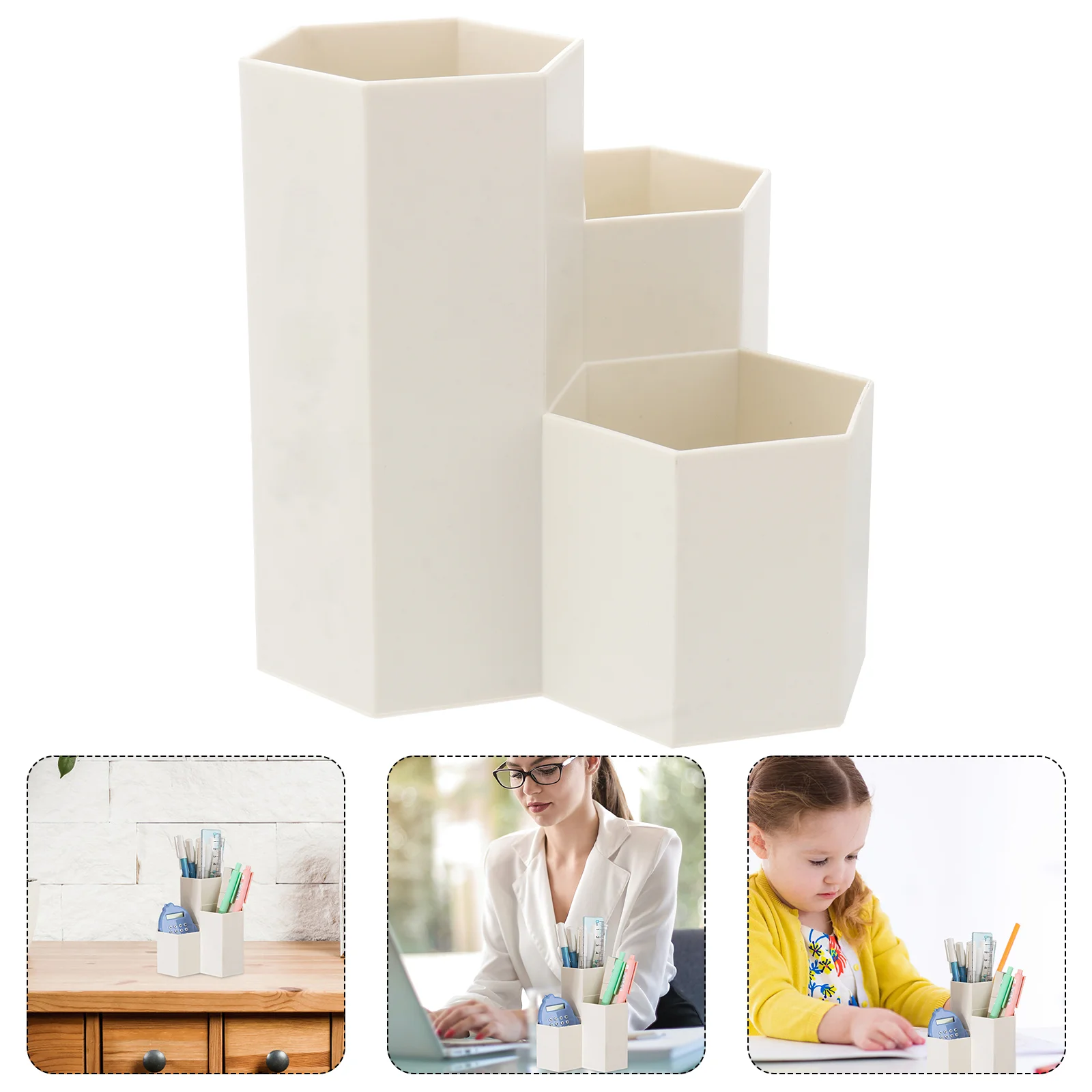 

Creative Hexagonal Pen Holder Container Organizer Plastic Desktop Storage Box Student Office Supplies (Cream-coloured)