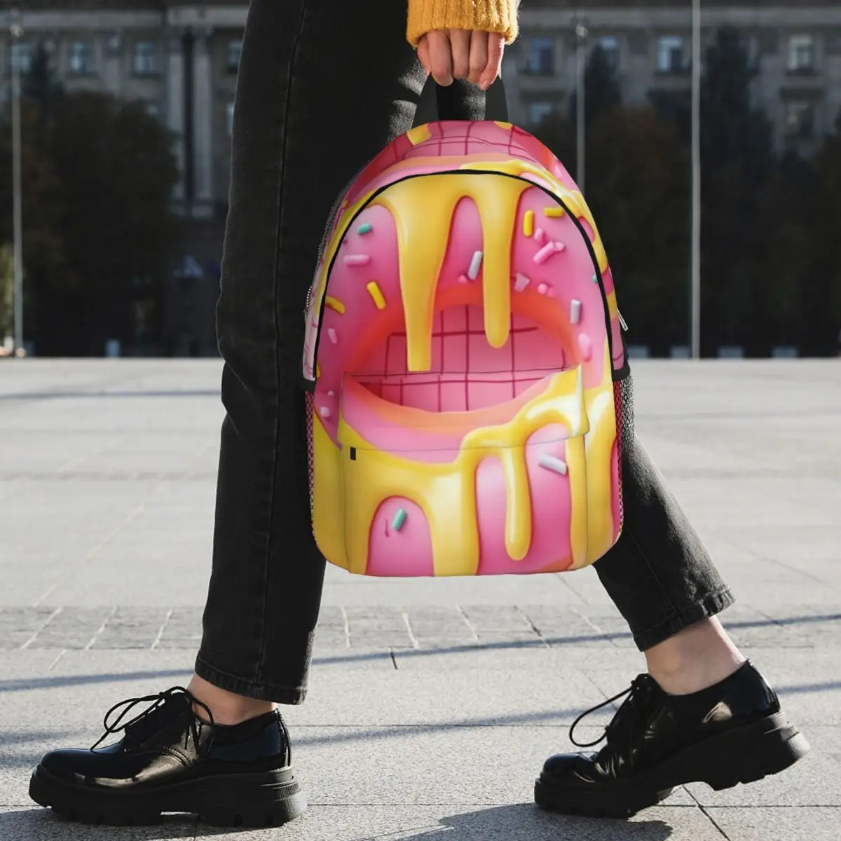 Ice Cream Donut In Pink Grid Background Backpack Student BookBag Children School Bag Computer Shoulder Bags for Men Women