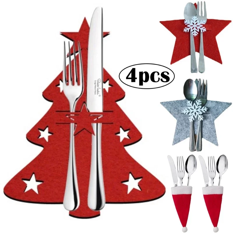 4pcs Christmas Cutlery Holder Bags Xmas Caps Tree Snowflake Spoon Holder Pockets Knife Fork Set Bags Tableware Organizer Decors