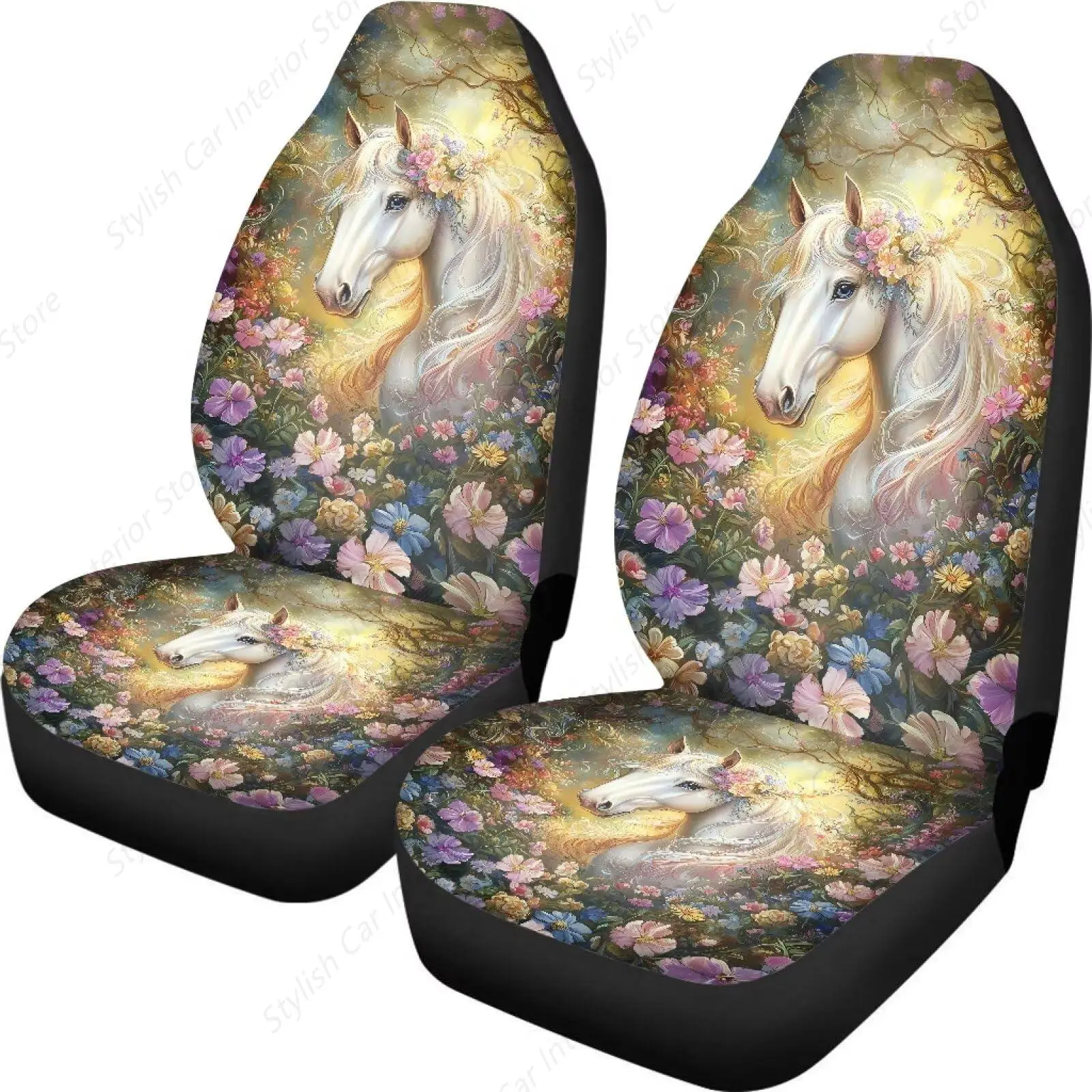 Juego de 2 fundas para asiento delantero de coche con estampado de flores y margaritas de caballo, Protector de asientos de cubo para coche, accesorios universales para decoración Interior de coche