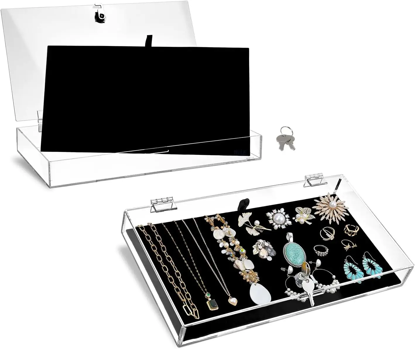 

Двухсекционный акриловый демонстрационный футляр для украшений с замком и съемной черной бархатной подкладкой, идеально подходит для коллекции карманных ножей