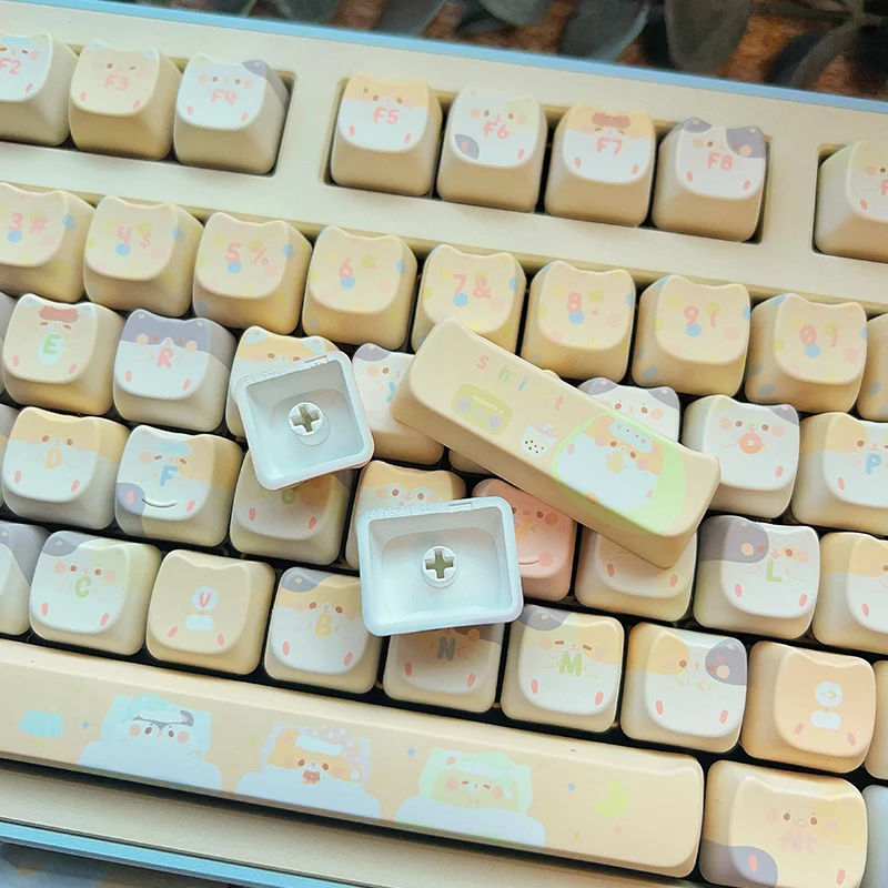 Teclado mecánico Mao con cabeza de gato, teclas de Color amarillo, tema diario, Pbt, 6.25U/7U, diseño de espacio, regalos