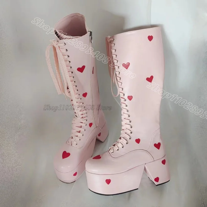 

Pink Heart Shape Platform Boots Lace up Chunky Heels Side Zipper Spring Women Party Dress Fashion Shoes 2024 Zapatos Para Mujere