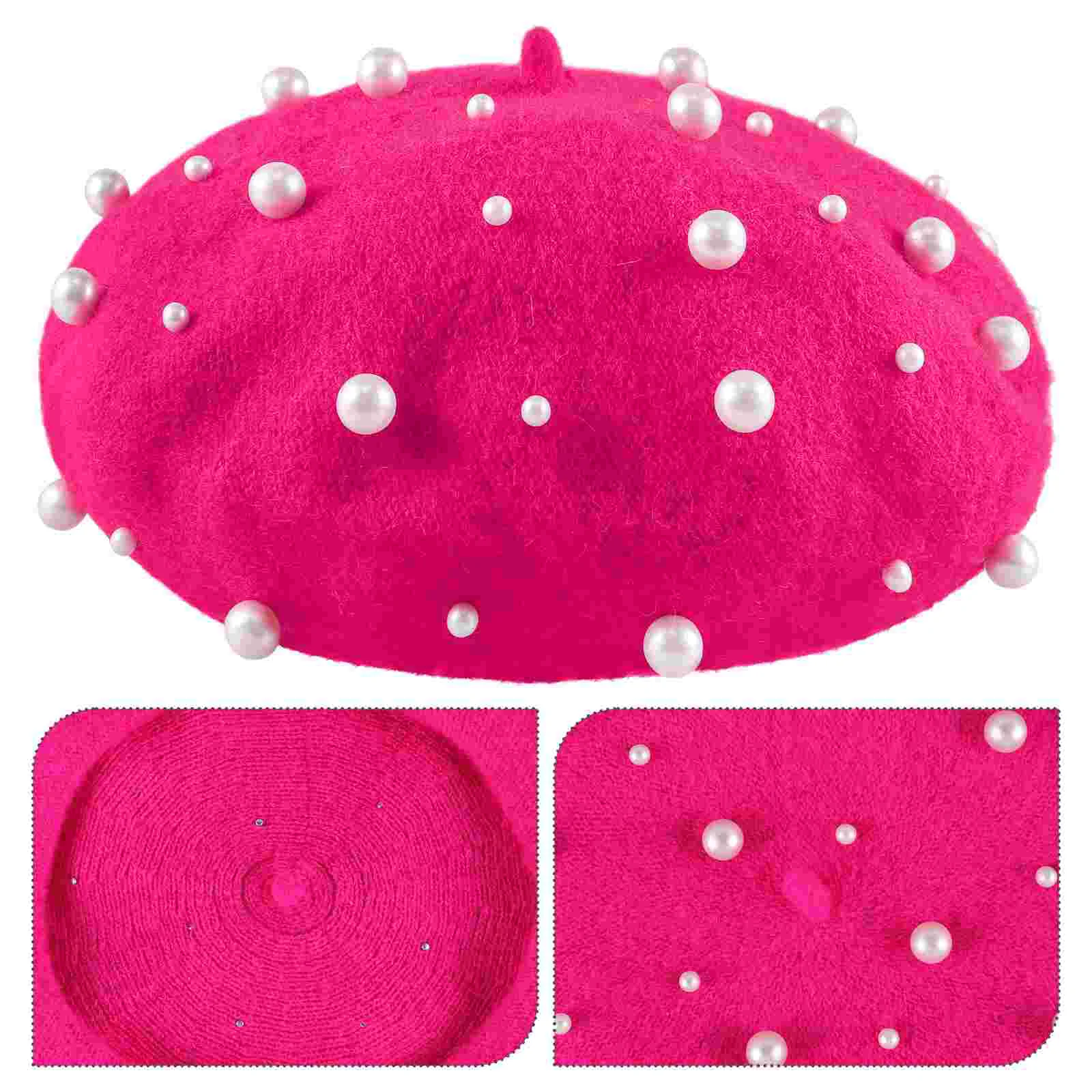 

Women's Pearl Beret Autumn Cashmere Luxury Heavy Work Beret Beaded Pearl Rivet Wool Beret Free Size (Rosy)