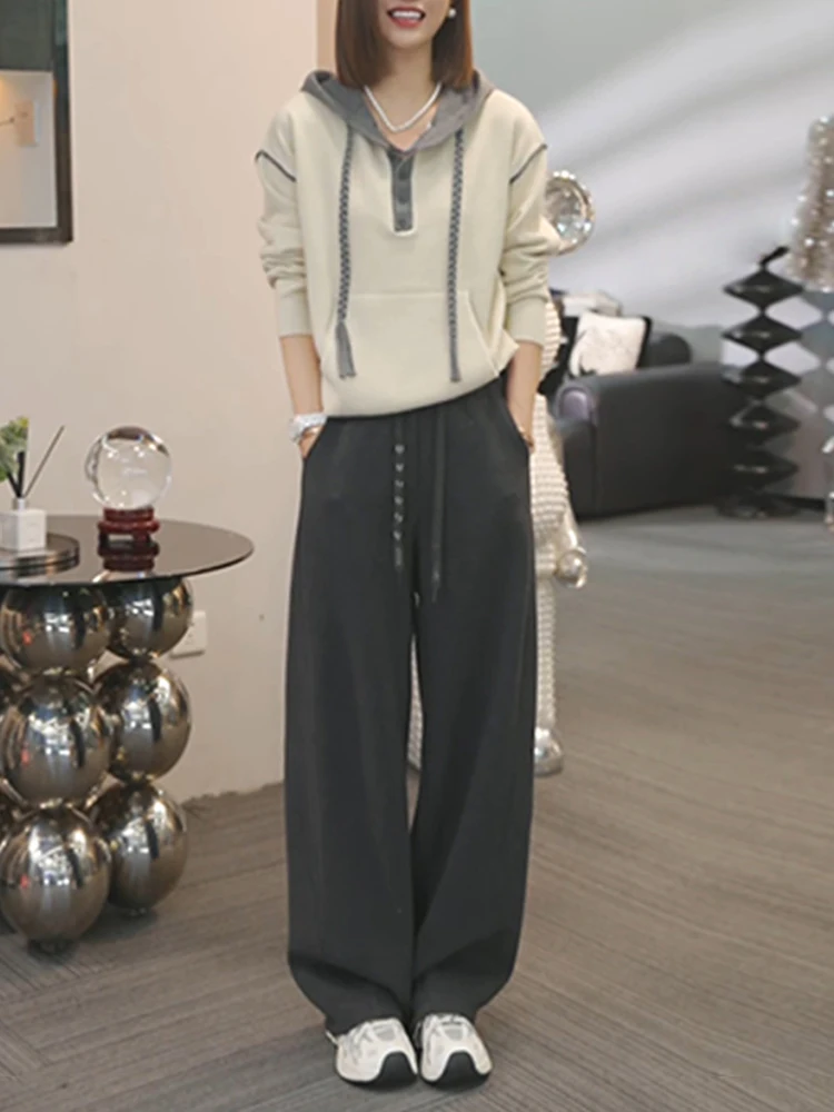 

Korean Style Early Autumn Outfit Set Women's 2026 New Hooded Drawstring Long Sleeve Knitted High Waist Casual Pants Two Piece...