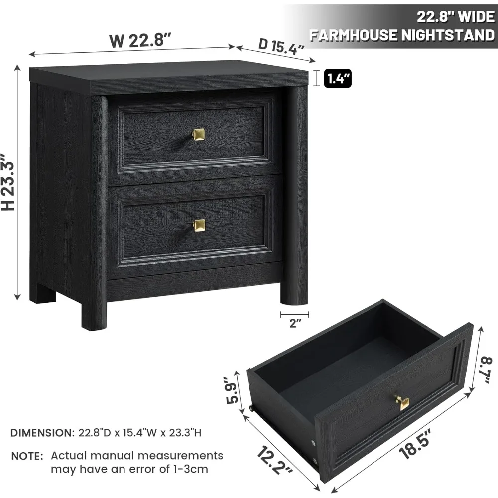 منضدة سوداء ريفية ذات درجين مع مقابض معدنية ذهبية لغرف النوم على طراز المزرعة