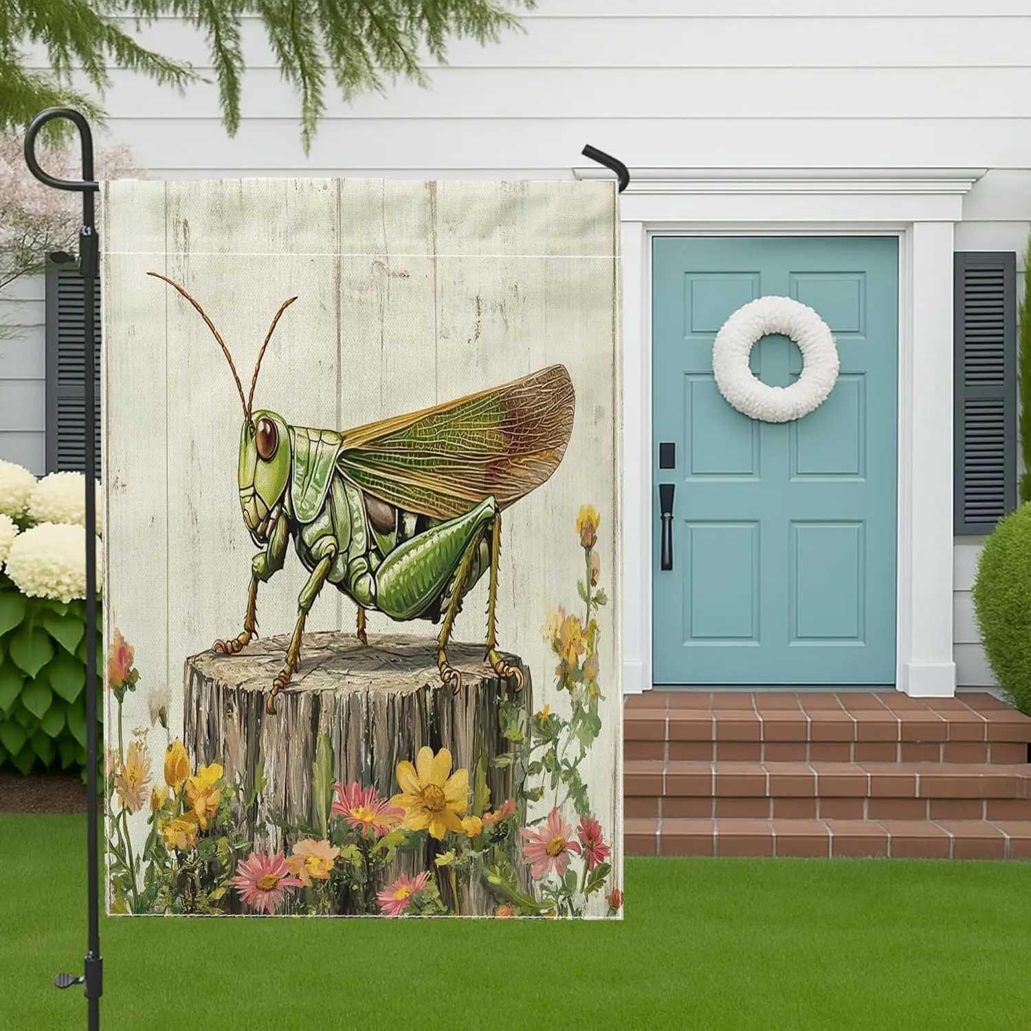 Spring Grasshoppers Garden Flags 12”x18” Double Sided for Outside, Floral Wood Stump Front Yard Small Canvas House Flags, In ZZM