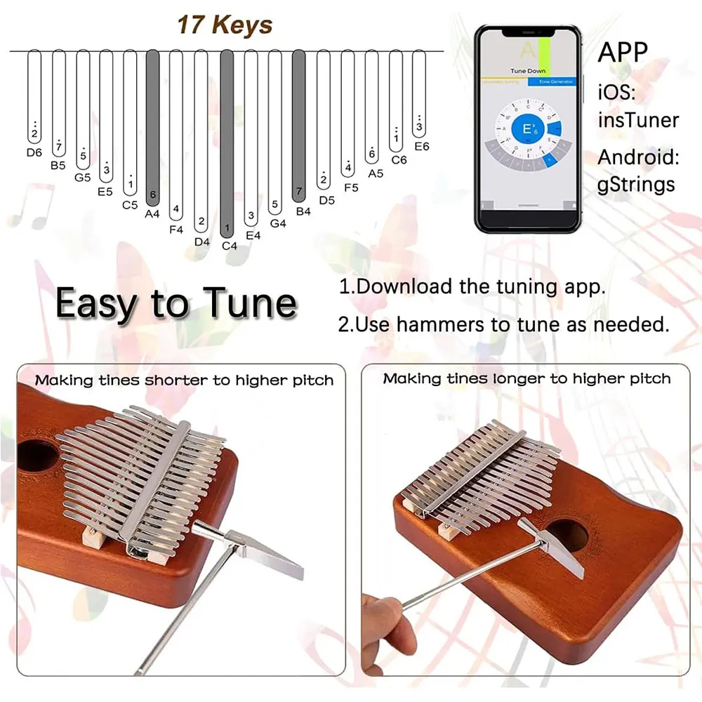 Kalimba 17 Keys Thumb Finger Piano - Mbira - Solid Wood Portable with Carrying Bag and Instructions for Friends Family