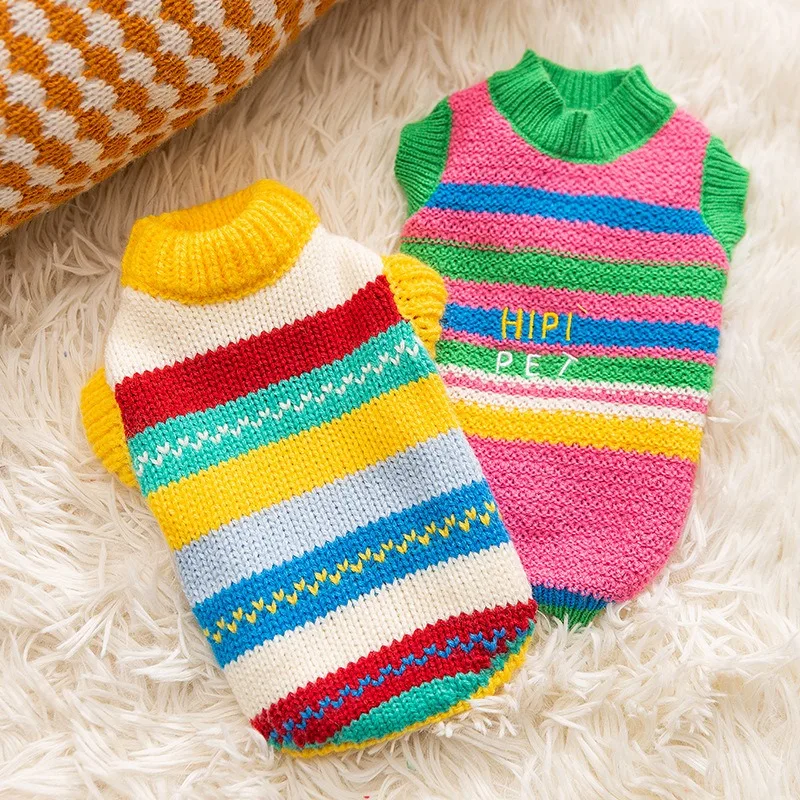 

Dog Colorful Striped Sweater Winter Simple Warm Knit Teddy Pullover Two Legs Clothes Pet Warm Pullover Pet Supplies