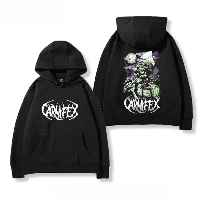هوديي مع طباعة صدر Carnifex جمجمة خضراء دخان خلفي تصميم الرسوم المتحركة أفلام موسيقى نص الكنغر جيب مبطن ملابس الشارع ​