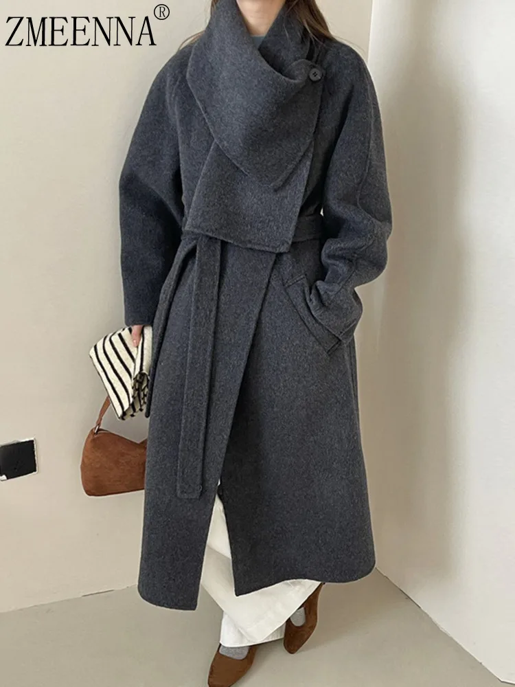 ZMEENNA Stylish Womens Tie Belt Wool Blend Wrap Coat Long Scarf Collar Oversized Fit Warm Winter Outerwear ZM3657