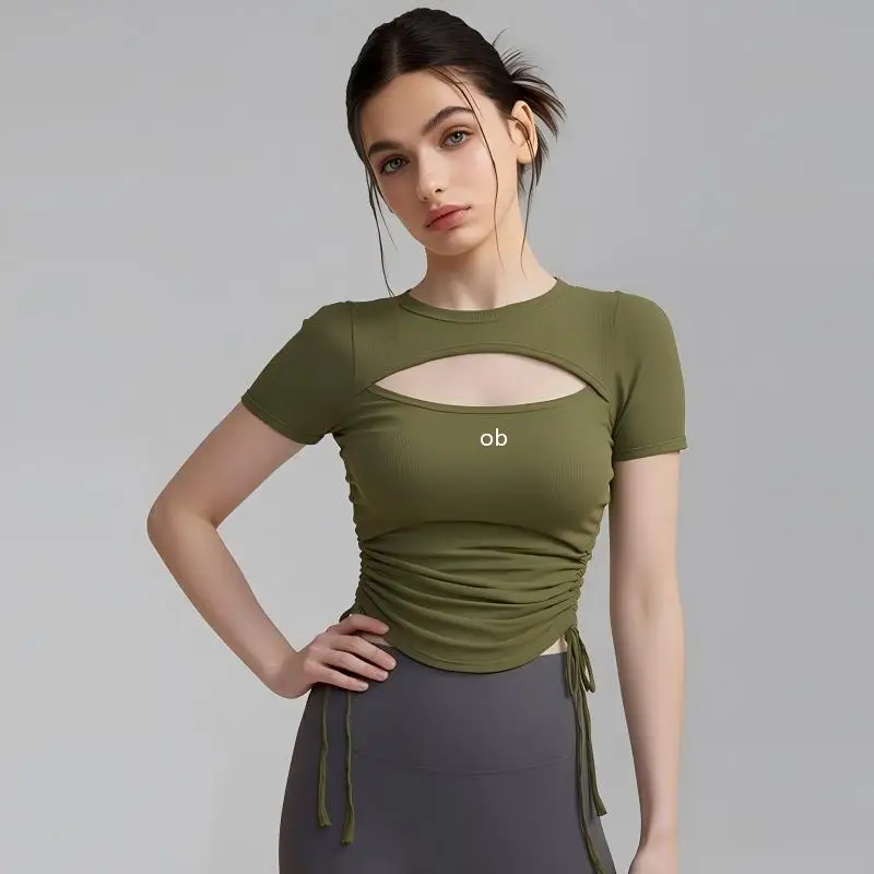 Yoga knitted cross-border fitness Pilates elastic band fixed chest pad slimming open-front short-sleeved summer t-shirt