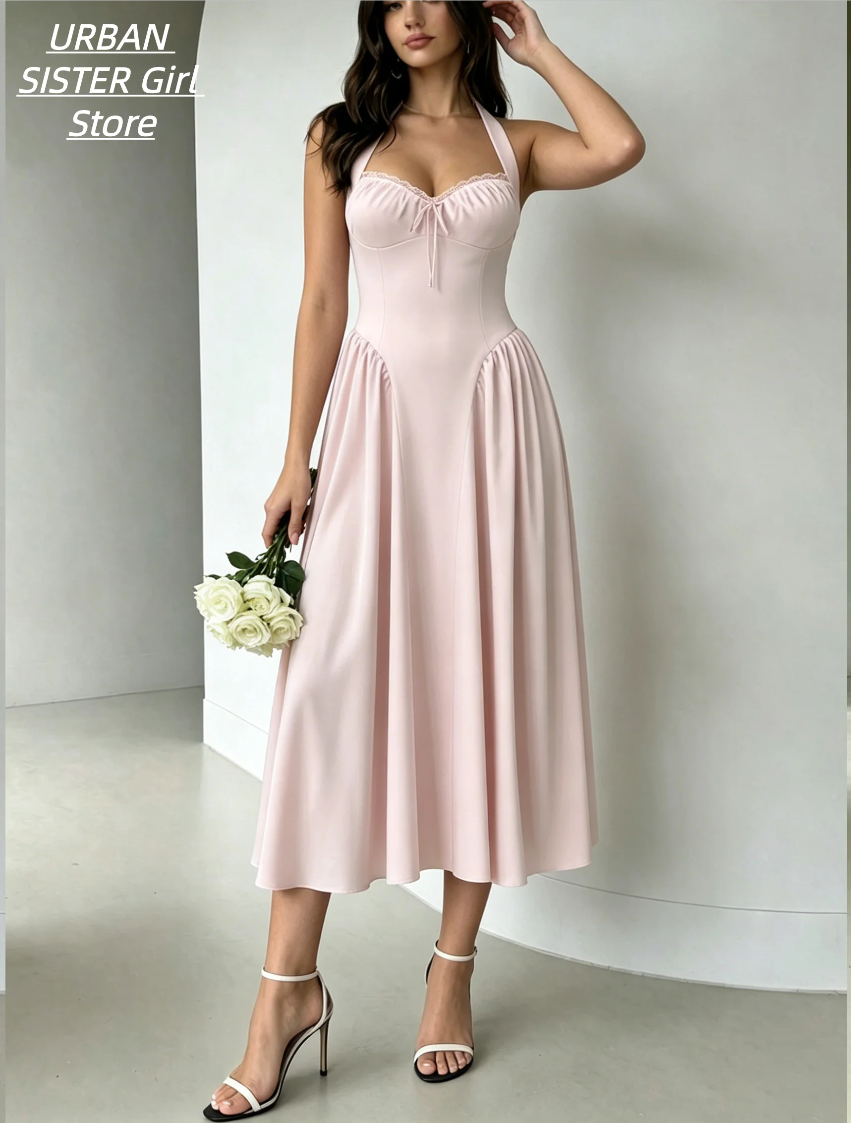 Light Pink Halter-Neck Lace-Trimmed Dress with Drawstring Waist, High-Waisted A-Line Midi Dress, Romantic Tea Break Wedding Guest Cocktail Party Dress
