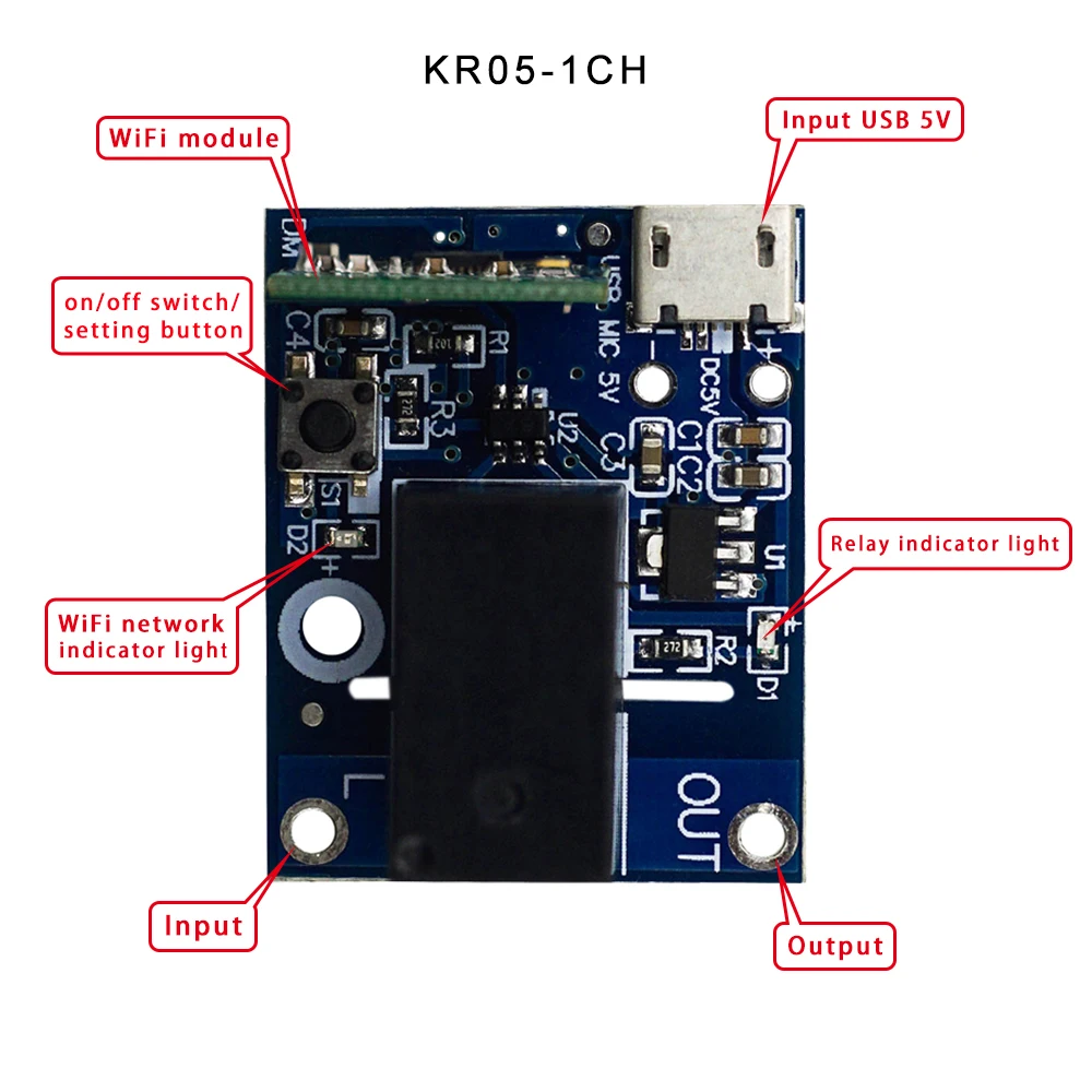 Mini WiFi Interruptor Inteligente, DC 5V, Controle USB, 2.4G, 1 Canal, Módulo Receptor de Relé Sem Fio, EWelink App, Interruptor de Luzes LED