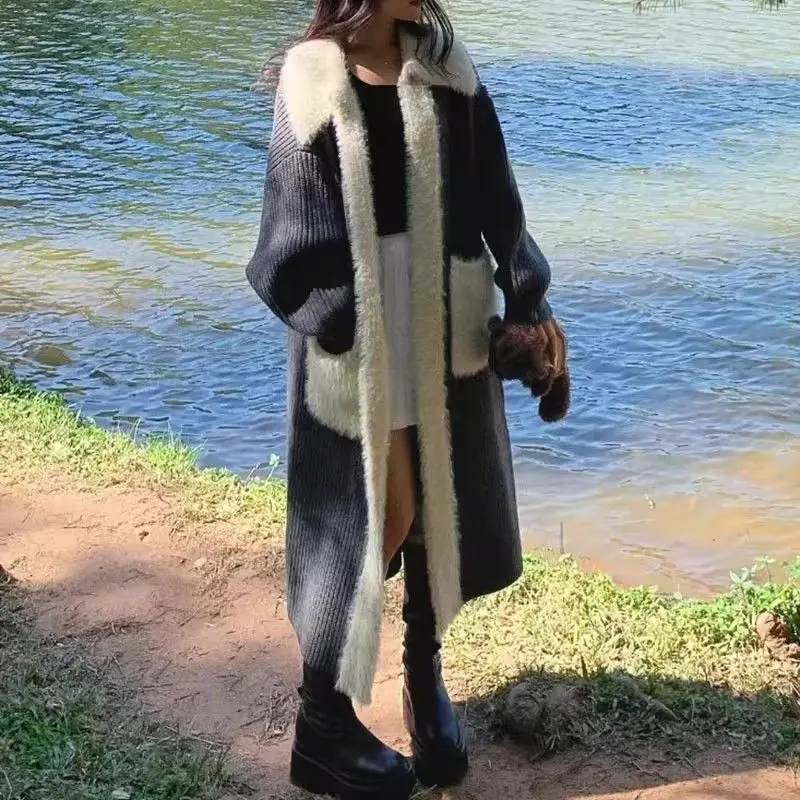

2025 New Style Lazy and Loose Patchwork Synthetic Felt-Like Fur Winter Long-Sleeved Cardigan