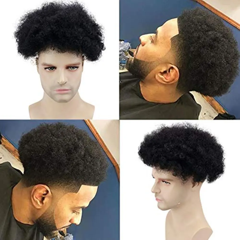 

Afro Men's Toupee for African American Men Hairpiece Kinky Curly 100% Human Hair 10x8inch Replacement Men Wigs 1B Black Color