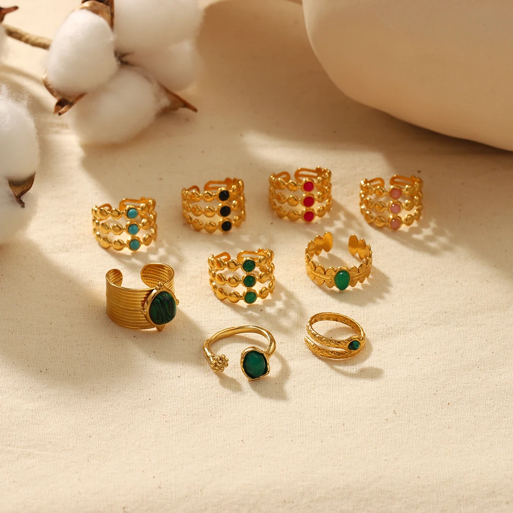 Vintage Naturstein Geometrischer Vergoldeter Edelstahlring Verstellbarer Türkisring Trendiger Modischer Schmuckring für Damen – Detail 4