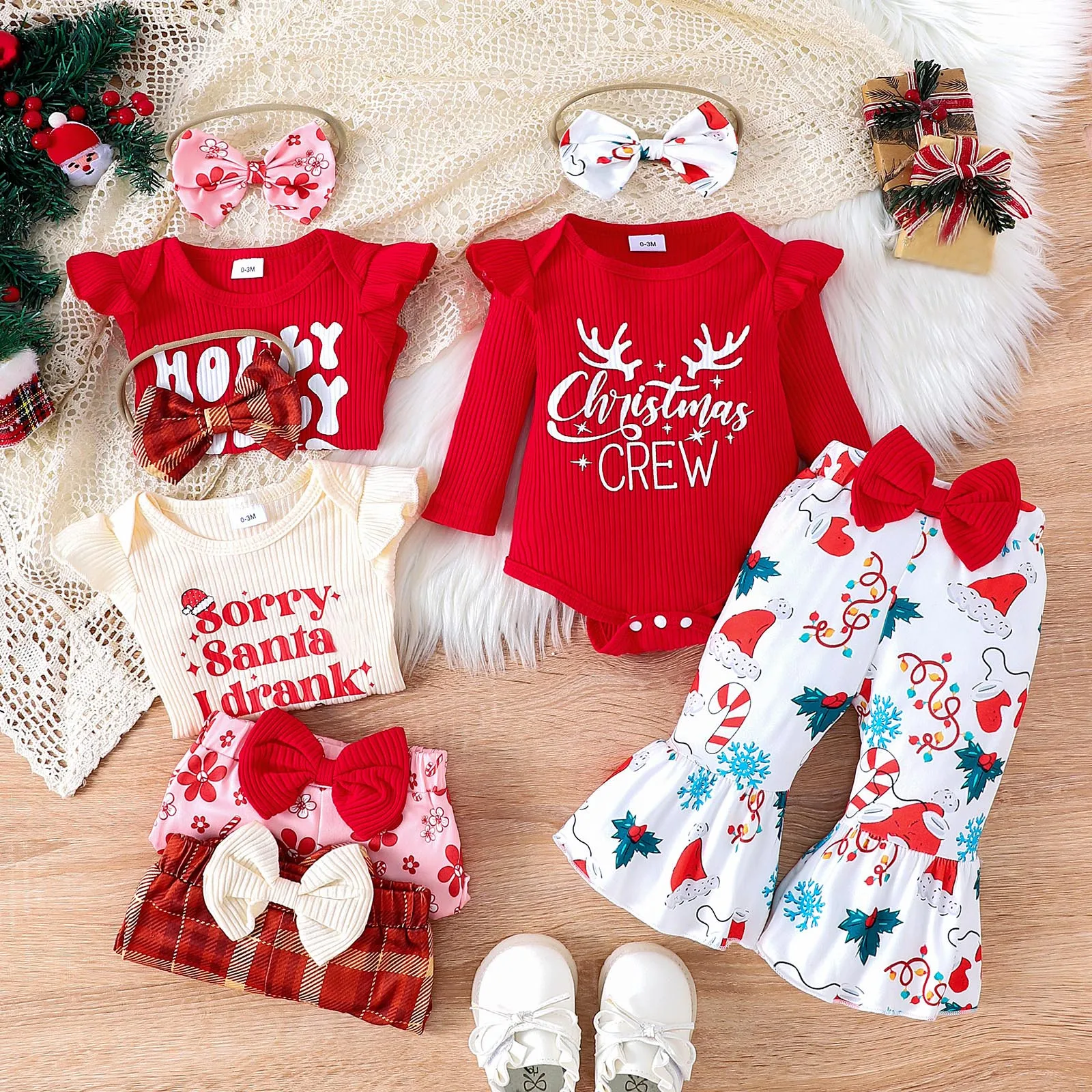 

Newborn Girls Christmas Full Print Outfits Cute Embroidery Romper And Flare Pants Headband Set For Infant Baby Girls 0-18 Months