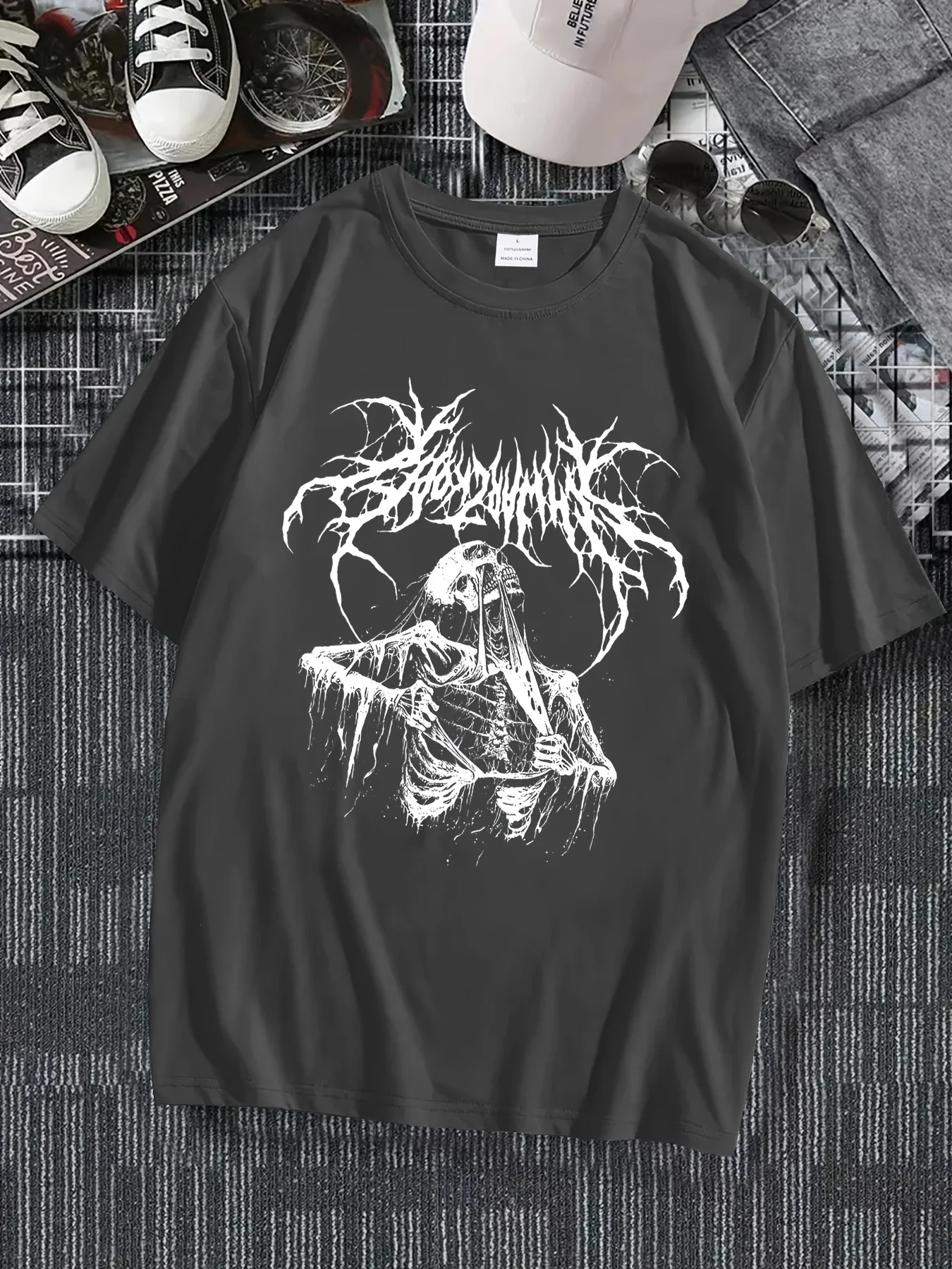 Unisex Black Metal Grim Reaper Skeleton Graphic T Shirt Men Short Sleeve Tee Y2K Dark Horror Streetwear Cotton Tops