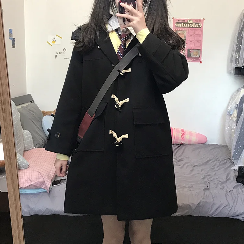 일본식 혼 버튼 코트 학교 유니폼 대학 스타일 쁘띠 JK 유니폼 두꺼운 양모 코트 여성 가을, 겨울